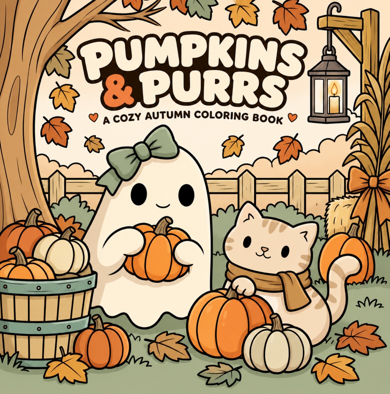 Pumpkins and Purrs cozy autumn coloring book cover, featuring a friendly ghost and cat surrounded by pumpkins and autumn leaves