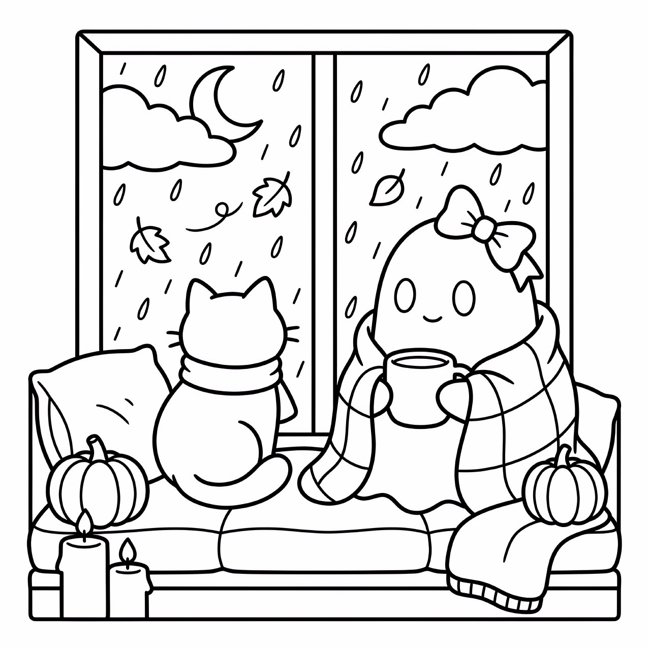 Cats, pumpkins and candles by a rainy window